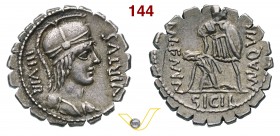 AQUILLIA - Mn. Aquillius Mn. f. Mn. n. (71 a.C.) Denario. D/ Busto elmato del Valore R/ Il console Man. Aquillius solleva la Sicilia. B. 2 Syd. 798 Cr...