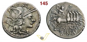 AURELIA - Aurelius Rufus (144 a.C.) Denario. D/ Testa di Roma R/ Giove su quadriga a d. B. 19 Syd. 409 Cr. 221/1 A.V. 105 Ag g 3,89 • Ex Nummus et Ars...