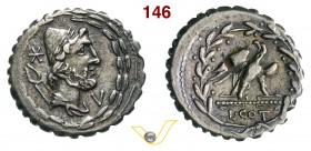 AURELIA - Lucius Aurelius Cotta (105 a.C.) Denario. D/ Testa di Vulcano e dietro tenaglie; il tutto in corona di foglie di mirto R/ Aquila su fulmine ...