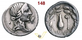 CAECILIA - Q. Caecilius Metellus Pius Imperator (81 a.C.) Denario. D/ Testa della Pietà; davanti una cicogna; piccola contromarca nel campo R/ Lituus ...