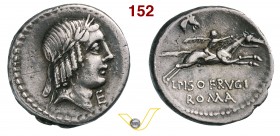 CALPURNIA - L. Calpurnius Piso Frugi (90 a.C.) Denario. D/ Testa laureata di Apollo R/ Cavaliere al galoppo regge una palma; in alto protome equina. B...