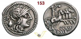 CASSIA - C. Cassius (126 a.C.) Denario. D/ Testa di Roma R/ La Libertà su quadriga. B. 1 Syd. 502 Cr. 266/1 A.V. 175 Ag g 3,88 • Ex Torcoli, Milano 08...