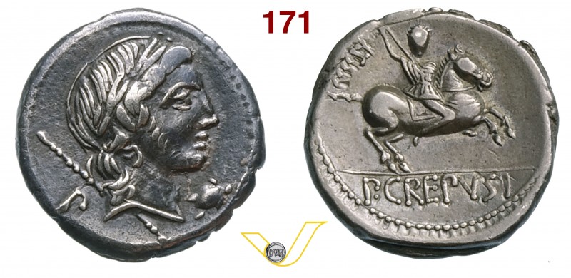 CREPUSIA - Pub. Crepusius (82 a.C.) Denario. D/ Testa di Apollo R/ Cavaliere con...