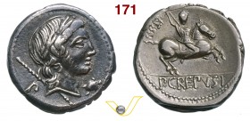 CREPUSIA - Pub. Crepusius (82 a.C.) Denario. D/ Testa di Apollo R/ Cavaliere con lancia. B. 1 Syd. 738 Cr. 361/1 A.V. 256 Ag g 3,66 • Patina intensa. ...
