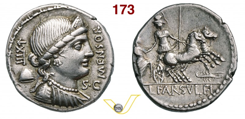 FARSULEIA - L. Farsuleius Mensor (75 a.C.) Denario. D/ Busto della Libertà e die...