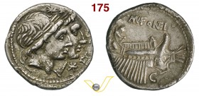 FONTEIA - Man. Fonteius (108-107 a.C.) Denario. D/ Teste appaiate dei Dioscuri sormontate da stelle R/ Galea. B. 8 Syd. 566b Cr. 307/1a A.V. 289 Ag g ...
