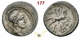 FONTEIA - P. Fonteius P.f. Capito (55 a.C.) Denario. D/ Busto elmato di Marte con trofeo sulla spalla R/ Cavaliere al galoppo; sotto due soldati che l...