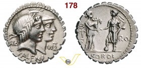 FUFIA - Q. Fufius Calenus e Mucius Cordius (70 a.C.) Denario. D/ Teste accollate dell'Onore e del Valore R/ L'Italia regge una cornucopia; a d. Roma c...