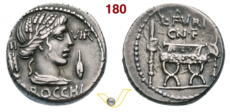 FURIA - L. Furius Cn. f. Brocchus (63 a.C.) Denario. D/ Testa di Cerere tra spig...