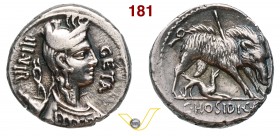 HOSIDIA - C. Hosidius C.f. Geta (68 a.C.) Denario. D/ Busto diademato di Diana con arco e faretra R/ Il cinghiale di Calidonia colpito da una freccia ...