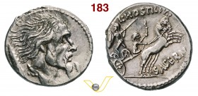 HOSTILIA - L. Hostilius Saserna (48 a.C.) Denario. D/ Testa maschile (Vercingetorige ?) e dietro uno scudo R/ Guerriero con scudo e lancia su biga. B....
