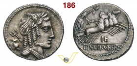JULIA - L. Julius Bursio (85 a.C.) Denario. D/ Testa di Apollo Vejovis; dietro un tridente R/ La Vittoria con corona su quadriga. B. 5 Syd. 728 Cr. 35...