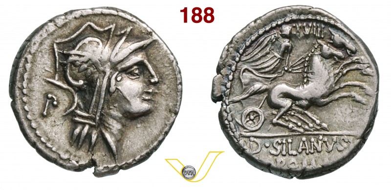 JUNIA - D. Junius Silanus L.f. (91 a.C.) Denario. D/ Testa elmata di Roma R/ La ...