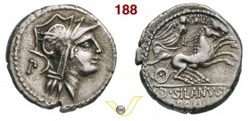 JUNIA - D. Junius Silanus L.f. (91 a.C.) Denario. D/ Testa elmata di Roma R/ La Vittoria su biga; sopra numerale XVIII B. 15 Syd. 646 Cr. 337/3 A.V. 3...