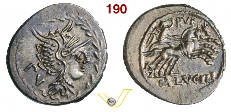 LUCILIA - M. Lucilius Rufus (101 a.C.) Denario. D/ Testa elmata di Roma entro co...