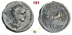 LUCILIA - M. Lucilius Rufus (101 a.C.) Denario. D/ Testa elmata di Roma entro corona R/ La Vittoria con frusta su biga. B. 1 Syd. 599 Cr. 324/1 A.V. 3...