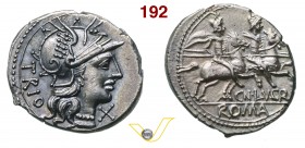 LUCRETIA - Cn. Lucretius Trio (136 a.C.) Denario. D/ Testa elmata di Roma R/ I Dioscuri a cavallo. B. 1 Syd. 450 Cr. 237/1 A.V. 364 Ag g 3,89 • Ex Var...