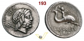 LUCRETIA - L. Lucretius Trio (76 a.C.) Denario. D/ Testa di Nettuno; dietro un tridente R/ Cupido cavalca un delfino. B. 3 Syd. 784 Cr. 390/2 A.V. 366...