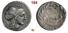 LUTATIA - Q. Lutatius Cerco (109-108 a.C.) Denario. D/ Testa elmata di Roma R/ Galera entro corona di quercia. B. 2 Syd. 559 Cr. 305/1 A.V. 368 Ag g 3...