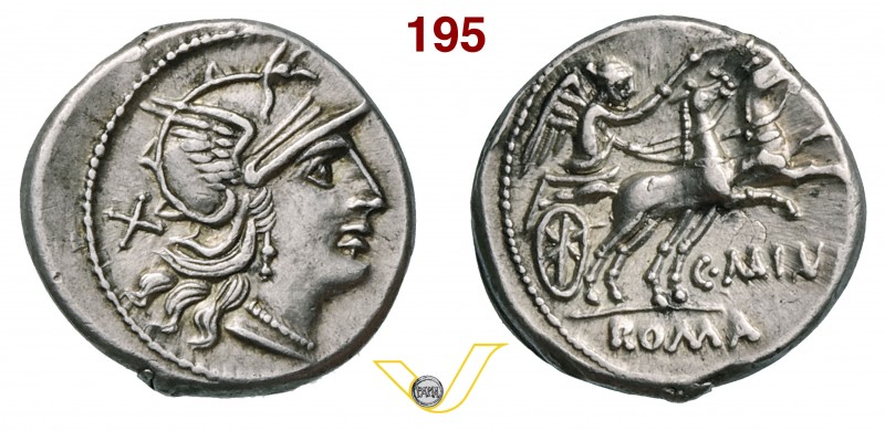MAIANIA - C. Maianius (153 a.C.) Denario. D/ Testa elmata di Roma R/ La Vittoria...