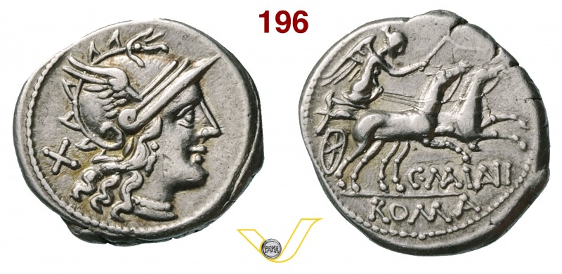 MAIANIA - C. Maianius (153 a.C.) Denario. D/ Testa elmata di Roma R/ La Vittoria...