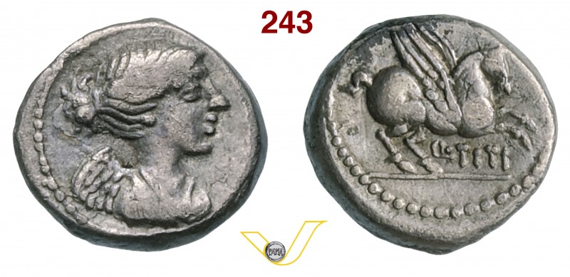 TITIA - Q. Titius (90 a.C.) Quinario. D/ Busto alato della Vittoria R/ Pegaso in...