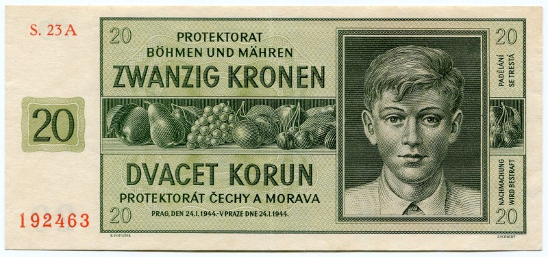 Bohemia & Moravia 20 Korun 1944
P# 9; XF