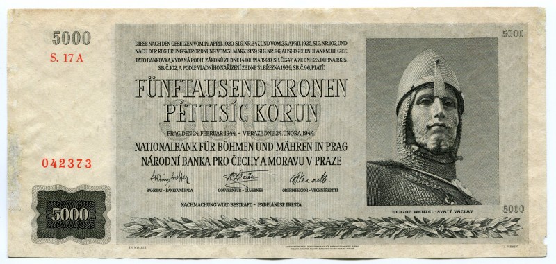 Bohemia & Moravia 5000 Korun 1944
P# 17