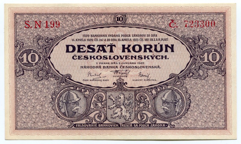 Czechoslovakia 10 Korun 1927
P# 20a; # SN 199 723300; UNC