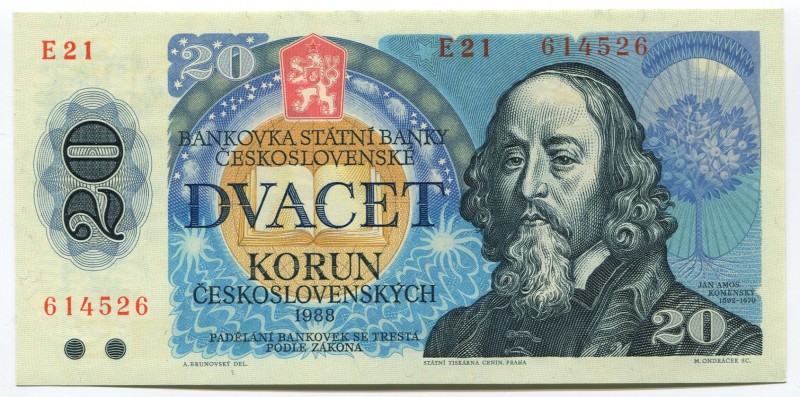 Czechoslovakia 20 Korun 1988
P# 95a; UNC; "John Amos Comenius"