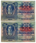 Austria 2 Pcs 20 Kronen 1913 Consecutive Numbers
P# 53a; UNC