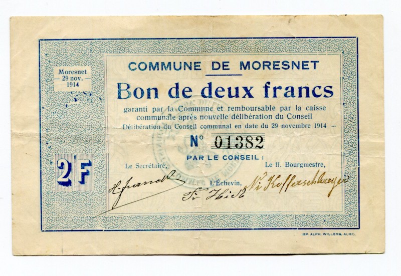 Belgium 2 Francs 1914 WWI
Commune De Moresnet
