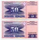 Bosnia and Herzegovina 2 x 50 Dinara 1995 London Printed, Concesutive Numbers
P# 47; UNC