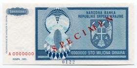 Croatia 100 Million Dinara 1993 A0000000 Specimen
P# 146s; UNC