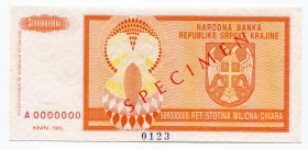 Croatia 500 Million Dinara 1993 A0000000 Specimen
P# 145s; UNC