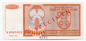 Croatia 1 Billion Dinara 1993 A0000000 Specimen
P# 147s; UNC