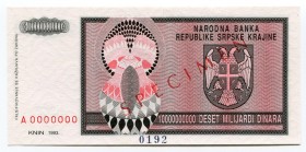 Croatia 10 Billion Dinara 1993 A0000000 Specimen
P# 148s; UNC