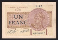 France Chambre de Commerce de Paris 1 Frank 1922
№ 0,020,032; aUNC