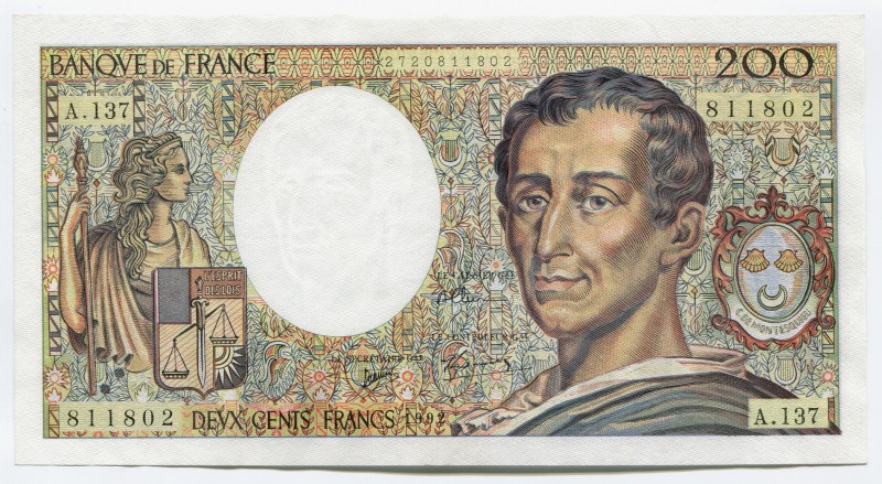 France 200 Francs 1992
P# 155e; № A.137 811802; aUNC; "Montesquieu"