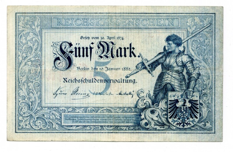 Germany - Empire 5 Mark 1882
P# 4; VF-XF.