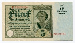 Germany - Weimar Republic 5 Rentenmark 1926
P# 169; # B 19269664; XF