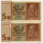 Germany - Third Reich Lot of 2 Banknotes with Consecutive Numbers 5 Reichsmark 1942
P# 186