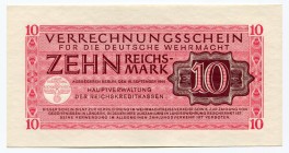 Germany - Third Reich 10 Reichsmark 1944
P# M40; VERRECHNUNGSSCHEINE FÜR DIE DEUTSCHE WEHRMACHT / CLEARING NOTES FOR GERMAN ARMED FORCES; UNC