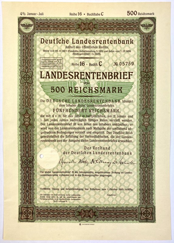 Germany - Third Reich Bond for 500 Reichsmark 1945
Deutsche Landesrentenbank, L...