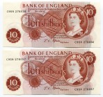 Great Britain 2 Concesutive 10 Shillings 1966 Fforde
P# 373c; UNC