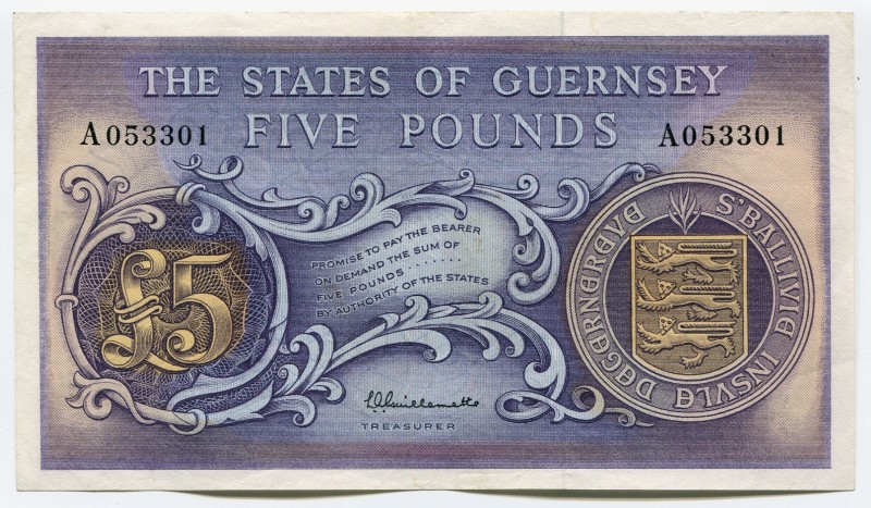 Guernsey 5 Pounds 1969 Rare
P# 46a; № A 053301; Sign. Guillemette; Rare