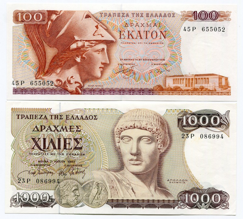 Greece 100 & 1000 Drachmai 1978 -87
UNC