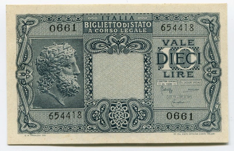 Italy 10 Lire 1944
P# 32; UNC; Small Banknote; "Jupiter"