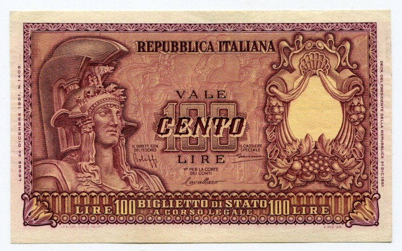 Italy 100 Lire 1951
P# 92a; Helmeted Italia at left; UNC Crispy