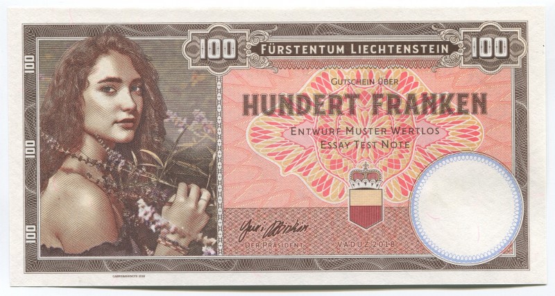 Liechtenstein 100 Francs 2018 Specimen
Gabris; Mintage: 800; UNC